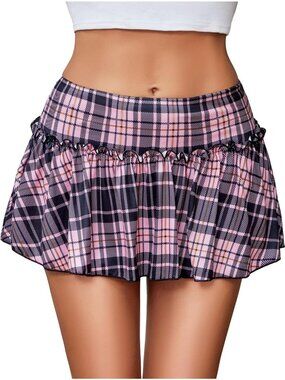 ✨Women's Pink Black Plaid High Waisted Ruffle Pleated Lingerie Mini Skirt